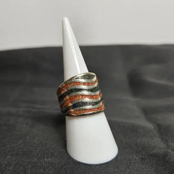 Saritasco 925 Sterling Silver Coral Turquoise Mosaic Inlay Vintage Mexico Ring 6 - Picture 3 of 9